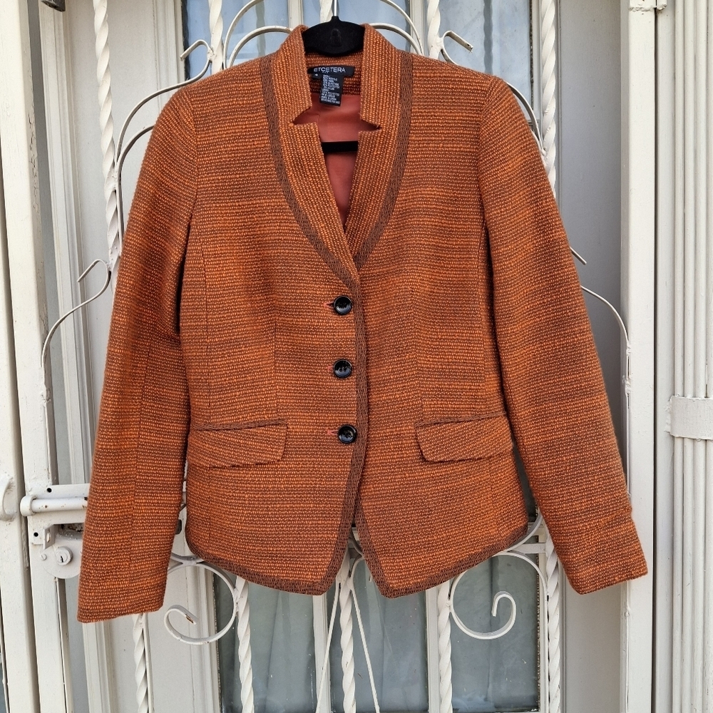 Etcetera Textured Tweed Orange Button-Up Long Sleeve Blazer Women Size 2 - Picture 3 of 16